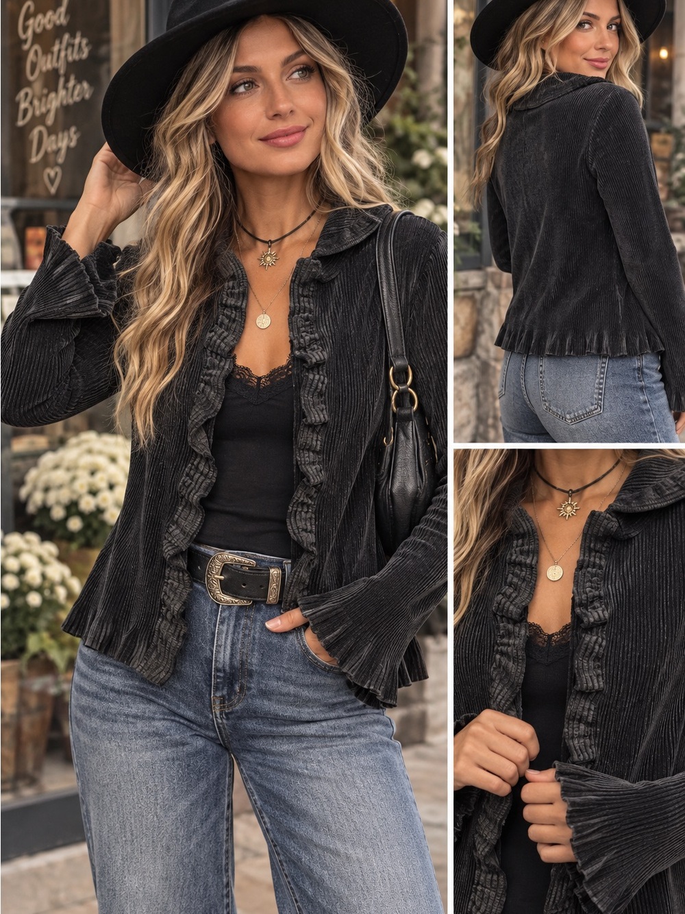 Caeliann Black Pleated Ruffle Cardigan Jacket Women’s M NWT Stretch